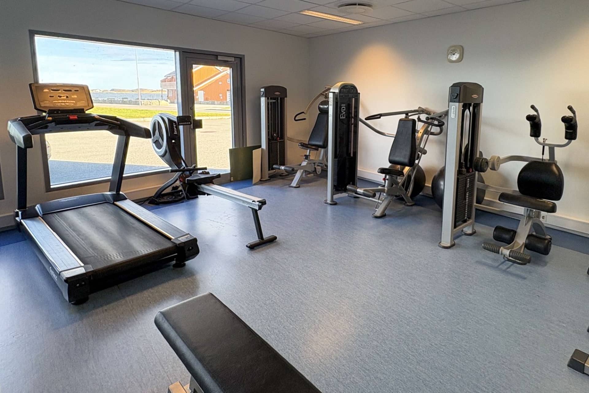 Gym with treadmill and strength training equipment at Håp i Havet on Finnøya.