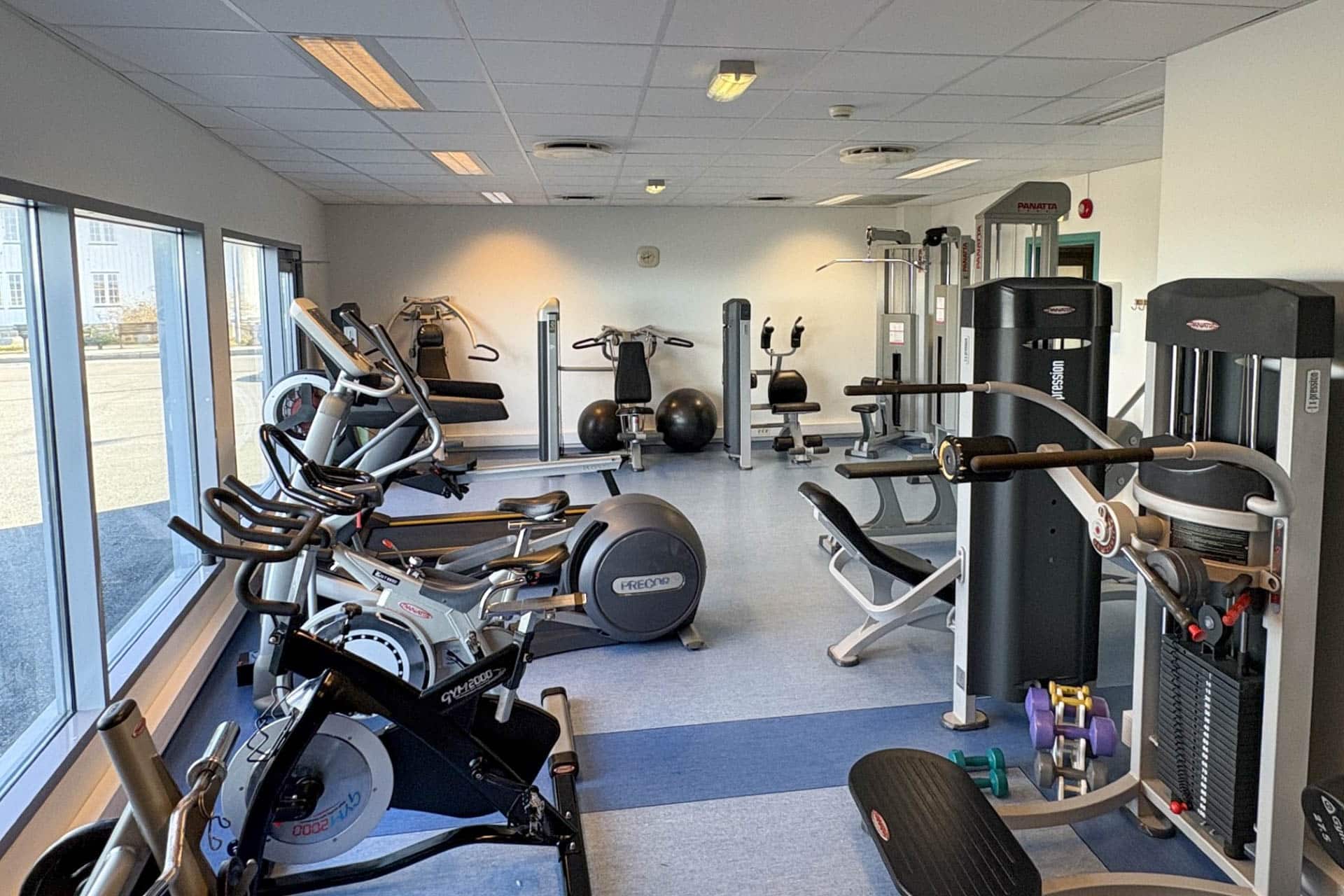 Bright gym with cardio and strength training equipment at Håp i Havet on Finnøya.